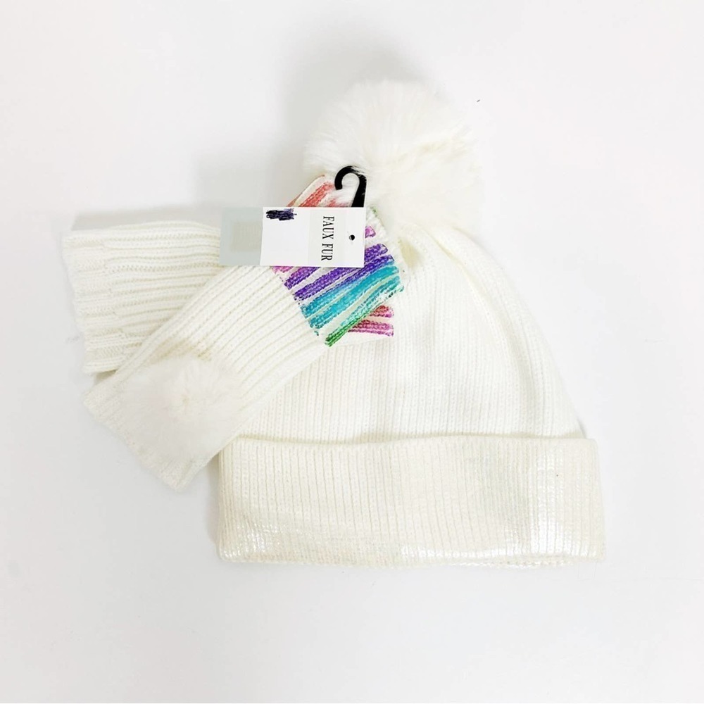 BP Ivory Knit Faux Fur Pom Pom Beanie and Hand Warmers Set